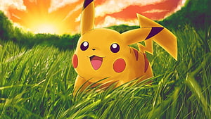Pikachu in a Sunlit Grass Field at Sunset HD wallpaper
