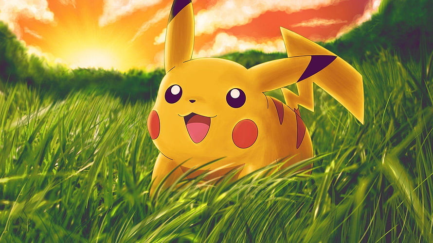 Pikachu in a Sunlit Grass Field at Sunset HD wallpaper