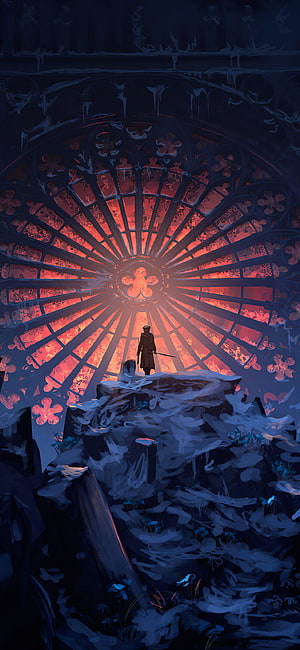 Lady Maria of the Bloodborne Concept Art Standing Before a Glowing Rose Window in a Dark Cathedral HD phone wallpaper
