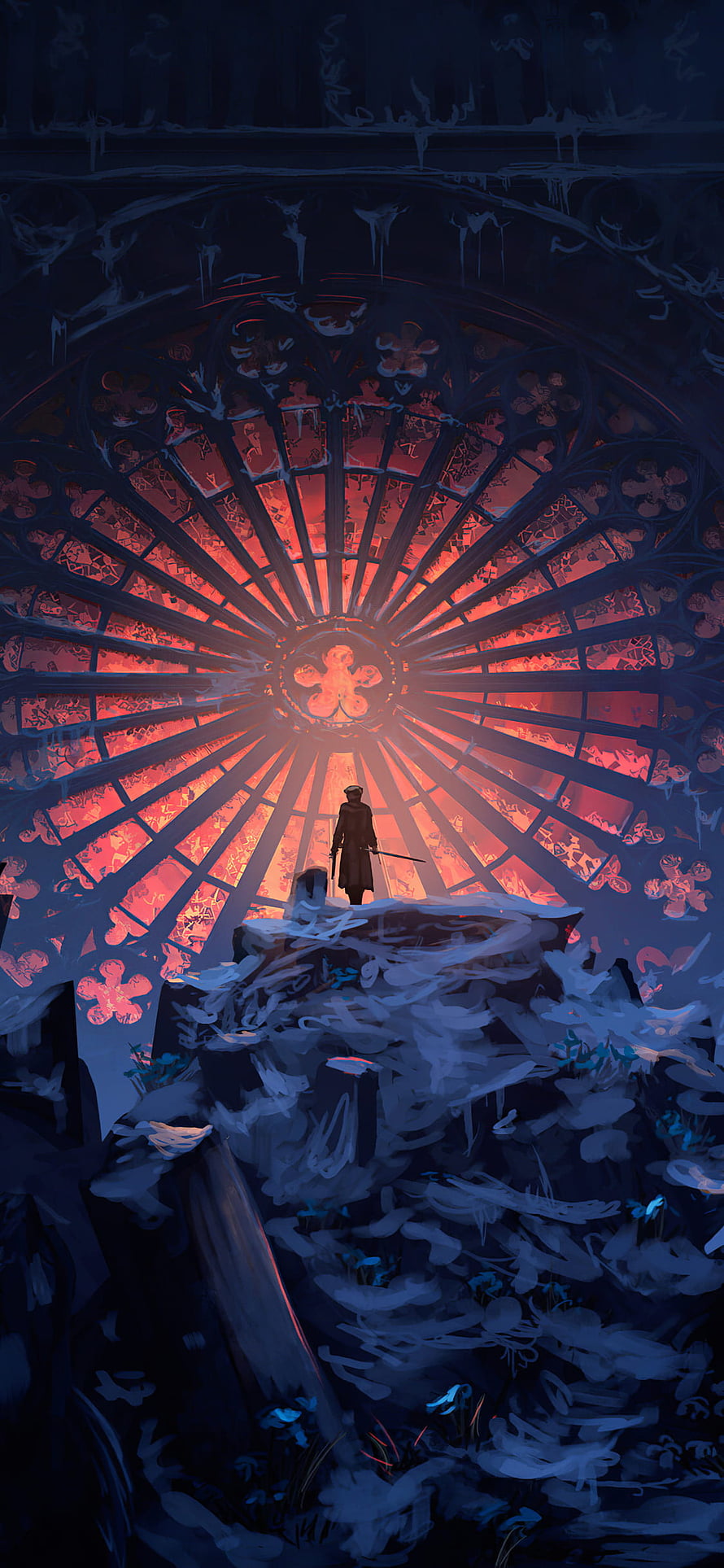 Lady Maria of the Bloodborne Concept Art Standing Before a Glowing Rose Window in a Dark Cathedral HD phone wallpaper