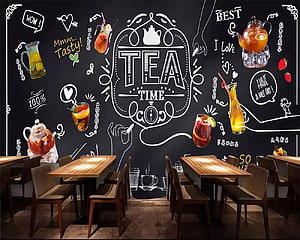 Chalkboard Style Fruit Tea Cafe Wall Mural with Hand Drawn Illustrations and Wooden Seating HD wallpaper