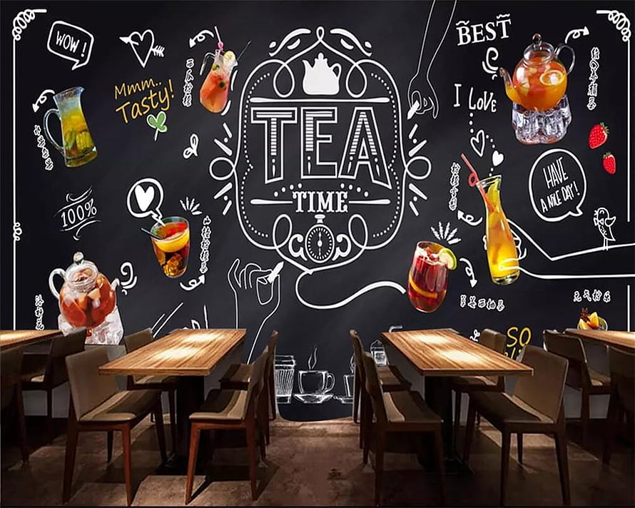 Chalkboard Style Fruit Tea Cafe Wall Mural with Hand Drawn Illustrations and Wooden Seating HD wallpaper