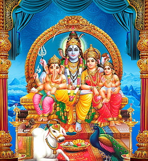 Lord Shiva, Parvati, Ganesha, and Kartikeya Seated on a Golden Throne with Nandi and Peacock HD phone wallpaper