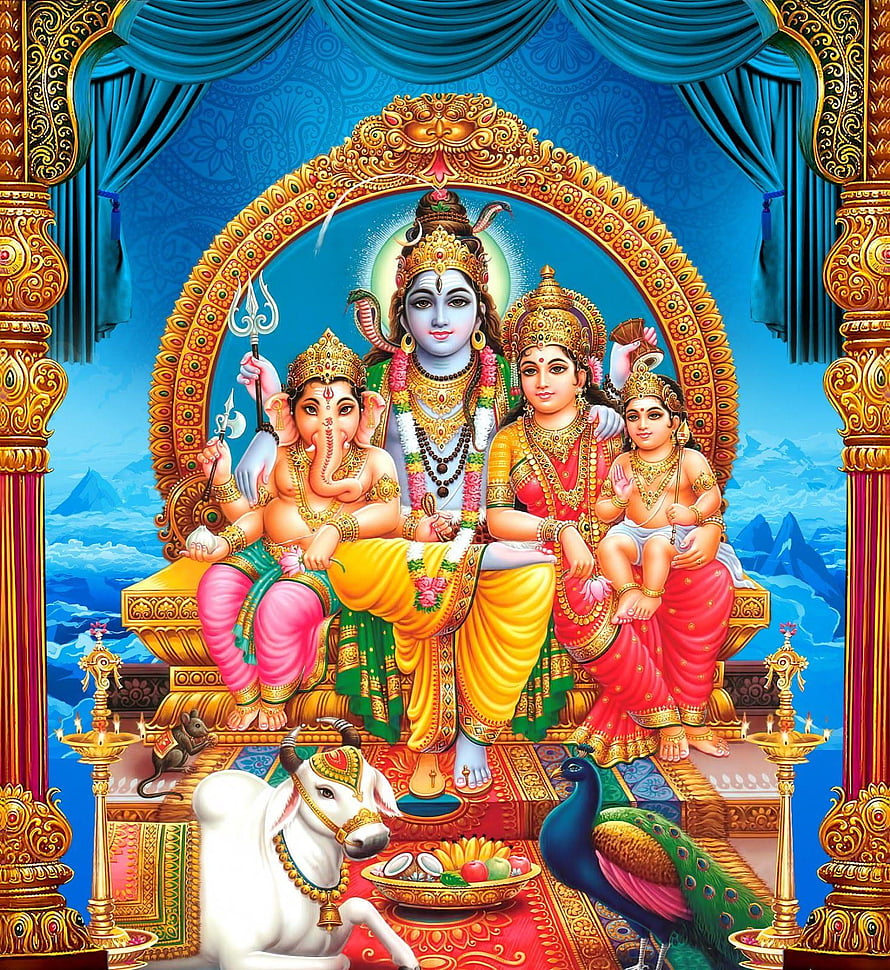 Lord Shiva, Parvati, Ganesha, and Kartikeya Seated on a Golden Throne with Nandi and Peacock HD phone wallpaper