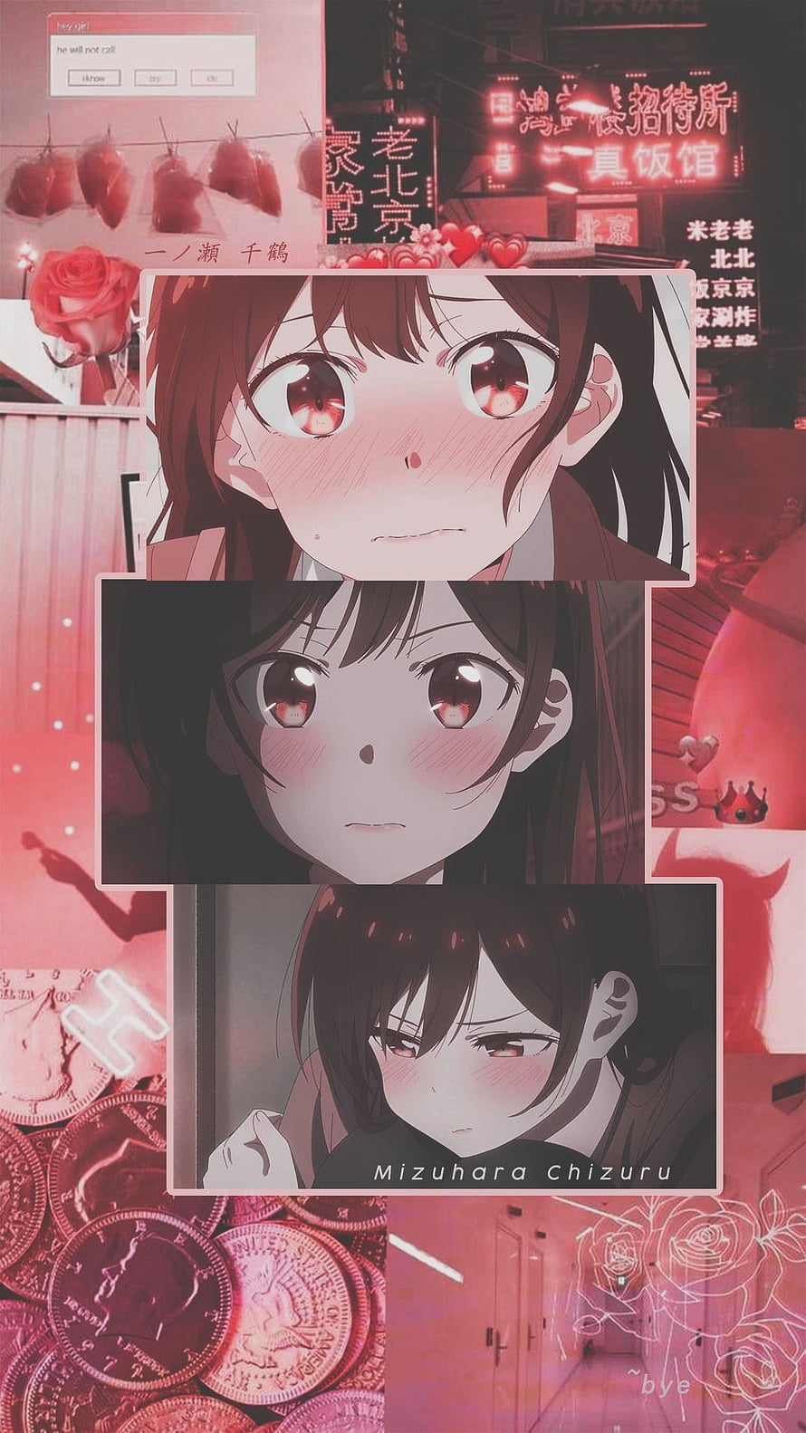 Chizuru Mizuhara Anime Aesthetic Collage with Blushing Expressions and Neon City Background HD phone wallpaper