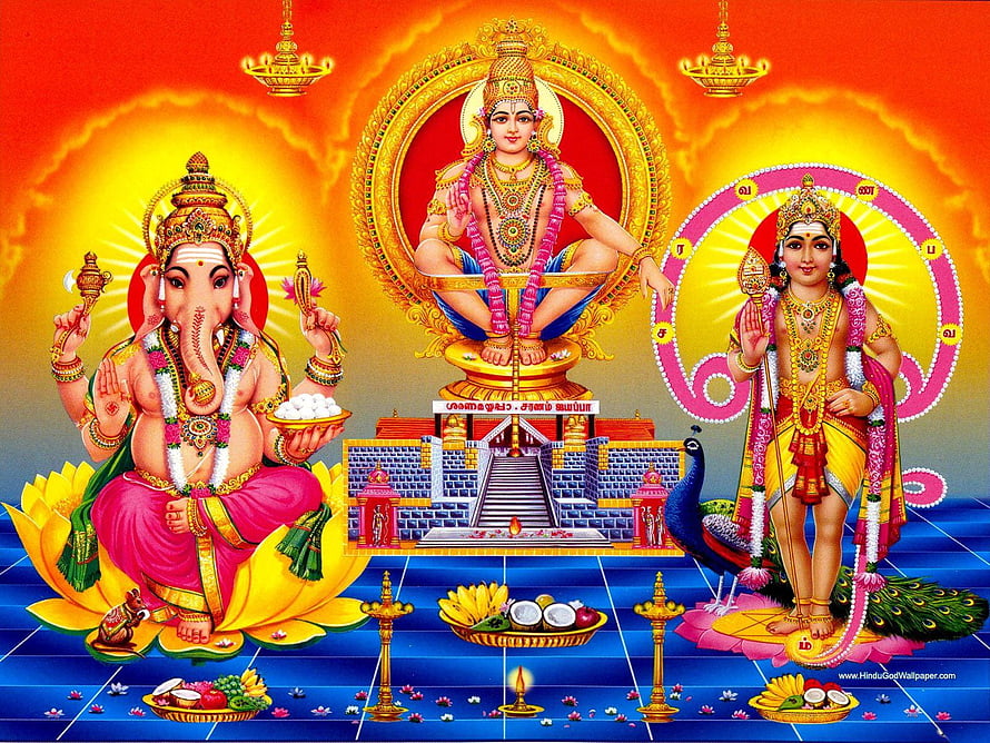 Lord Ganesha, Ayyappa, and Krishna in a vibrant Hindu temple scene with offerings and peacock HD wallpaper