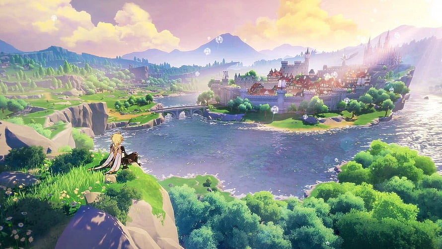 Genshin Impact scenic landscape with castle, river, and character overlooking a fantasy valley HD wallpaper