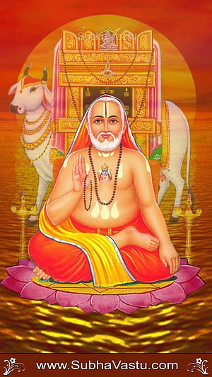 Raghavendra Swamy seated on lotus with sacred bull and ornate golden throne HD phone wallpaper