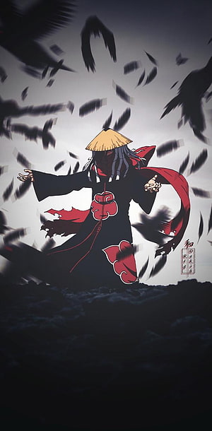 Itachi Uchiha in Akatsuki Cloak and Straw Hat Surrounded by Black Feathers HD phone wallpaper