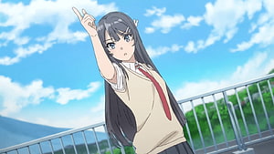 Mai Sakurajima Anime Character Pointing at Blue Sky with Clouds HD wallpaper