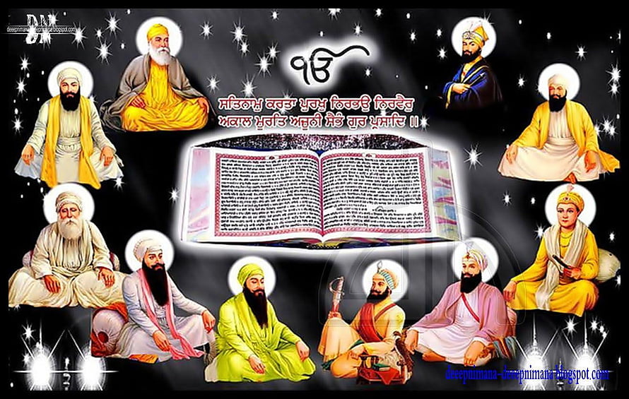 Ten Sikh Gurus and Guru Granth Sahib with Gurmukhi Script on Starry Background HD wallpaper