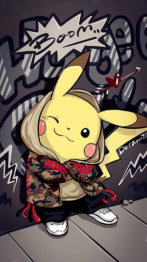 Pikachu in Streetwear Hoodie and Camo Jacket Against Urban Graffiti Wall HD phone wallpaper