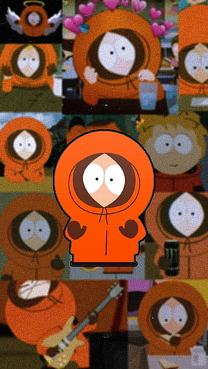 Kenny McCormick from South Park in Orange Parka with Collage Background HD phone wallpaper