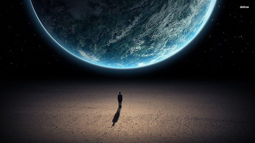 Lone Figure Standing on Lunar Surface Gazing at Earth from Space HD wallpaper