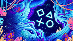 Neon PlayStation Symbols in Vibrant Fantasy Forest with Glowing Animals and Tropical Foliage HD wallpaper