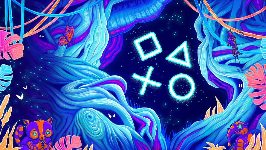 Neon PlayStation Symbols in Vibrant Fantasy Forest with Glowing Animals and Tropical Foliage HD wallpaper