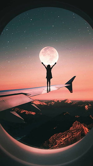 Silhouette of a girl standing on an airplane wing reaching for a full moon over mountains at sunset HD phone wallpaper
