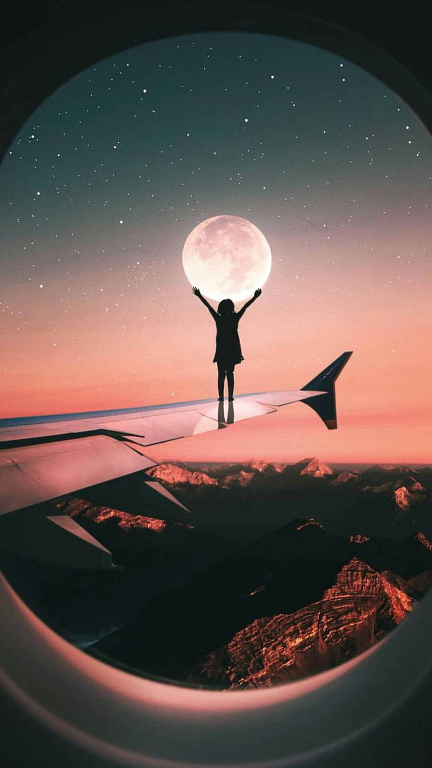 Silhouette of a girl standing on an airplane wing reaching for a full moon over mountains at sunset HD phone wallpaper