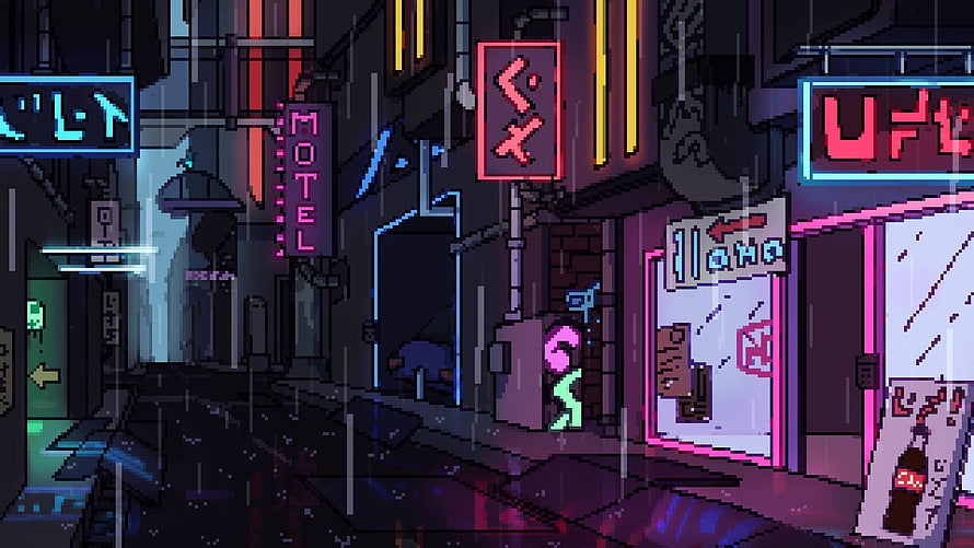 Neon Drenched Cyberpunk Alley in Pixel Art Style with Rain and Glowing Signs HD wallpaper