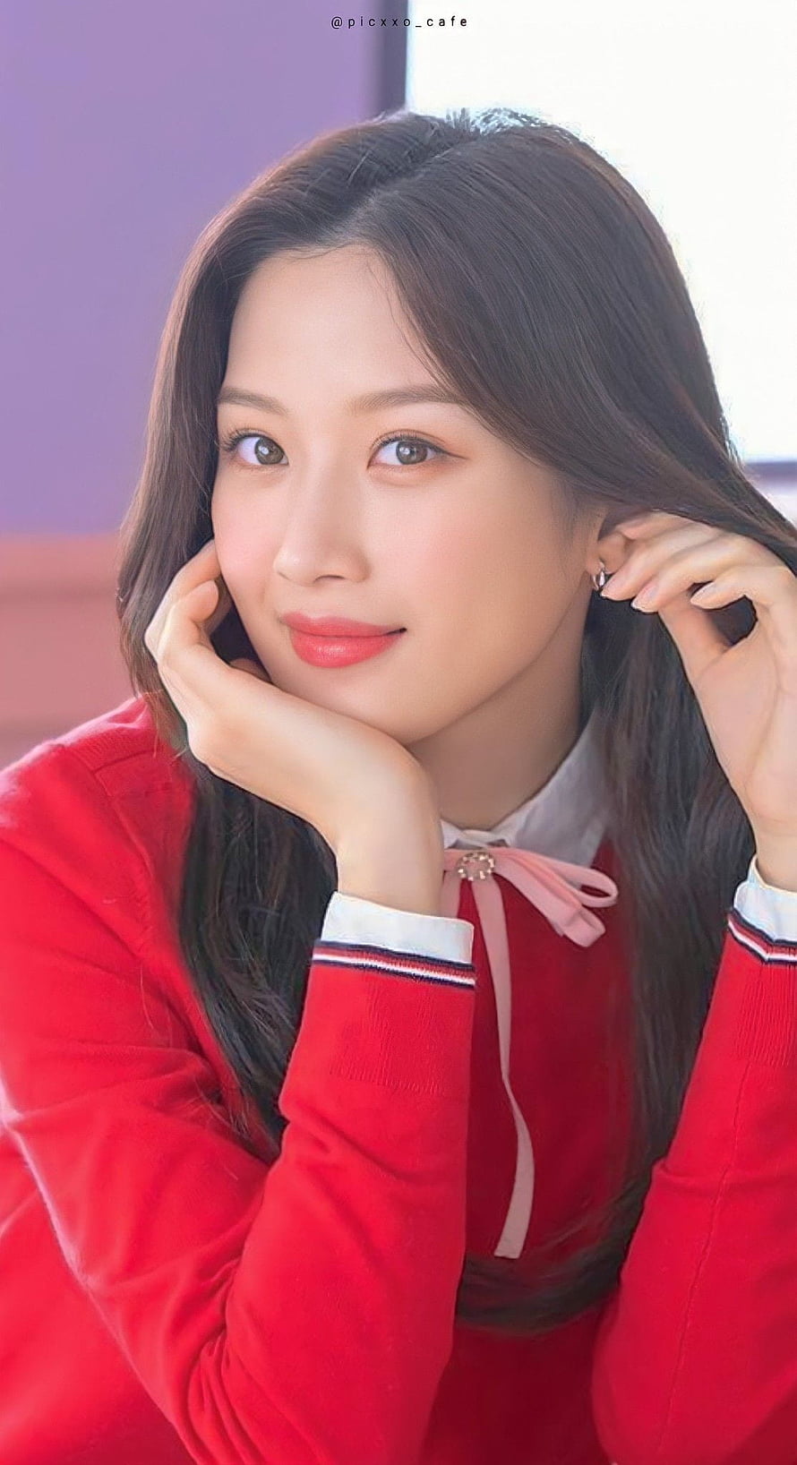Moon Ga Young in a red sweater with a soft smile and long dark hair HD phone wallpaper