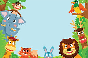 Cute Cartoon Jungle Animals Framing a Light Blue Background for Kids HD wallpaper