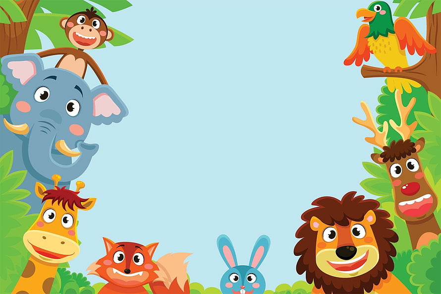 Cute Cartoon Jungle Animals Framing a Light Blue Background for Kids HD wallpaper