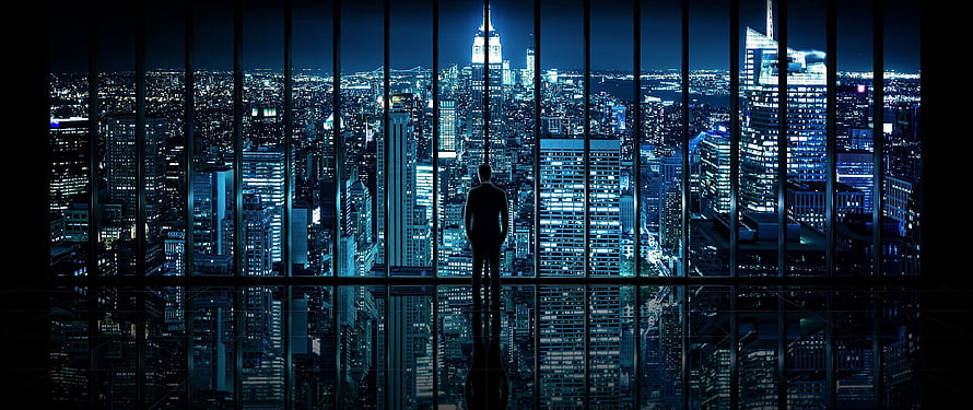 Silhouette of a man overlooking a sprawling city skyline at night from a high-rise window, The Best 24 Super Ultrawide 5120X1440 HD wallpaper