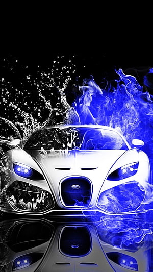 Bugatti Chiron Front View with Blue Smoke and Water Splash on Black Background HD phone wallpaper