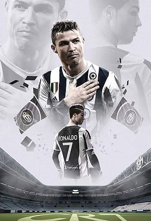 Cristiano Ronaldo in Juventus Kit with Stadium Background and Layered Portrait Design HD phone wallpaper