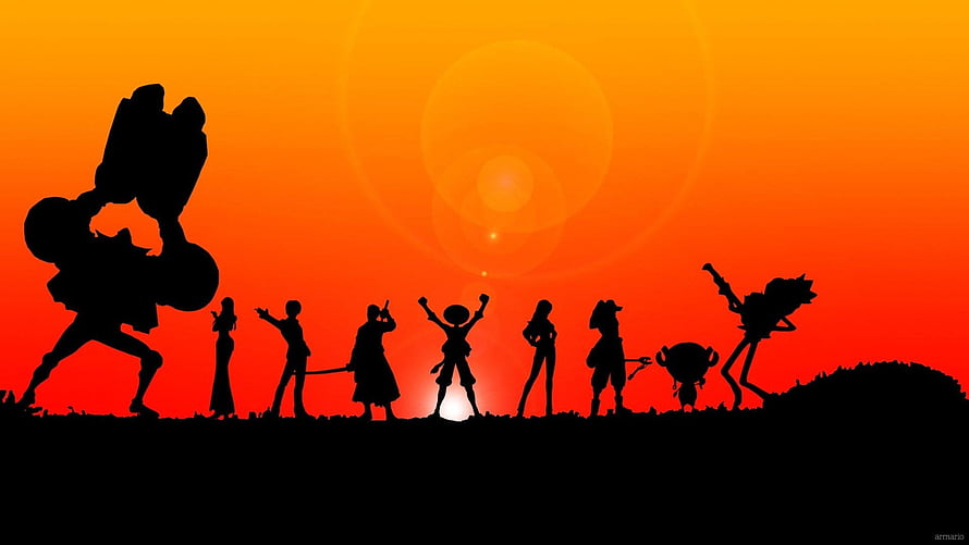 One Piece Crew Silhouettes Against Vibrant Orange Sunset Sky HD wallpaper