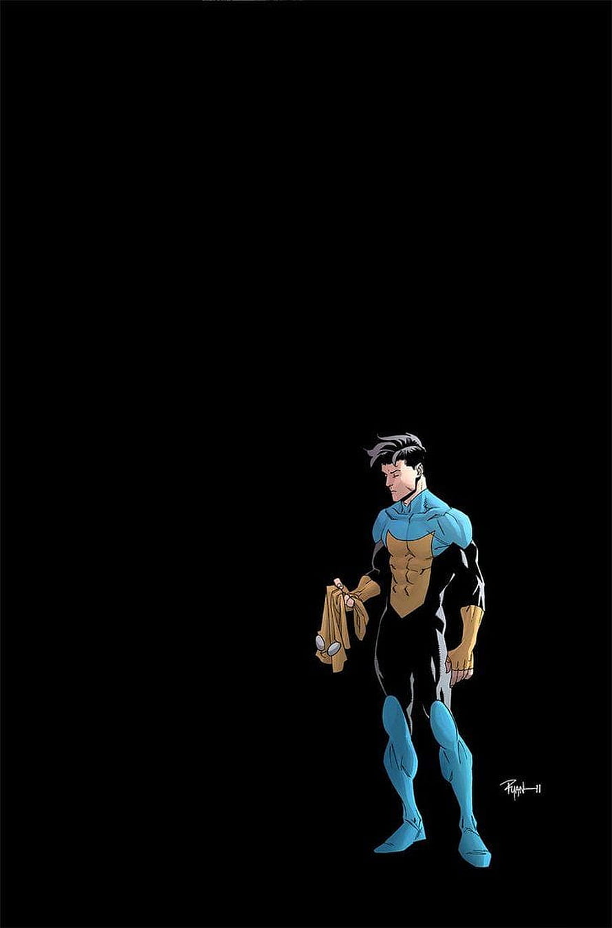 Invincible comic character in blue and gold suit standing against a black background HD phone wallpaper