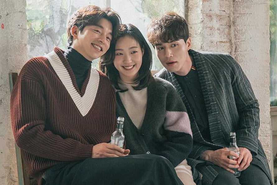 Goblin Korean Drama Cast Scene with Three Characters Holding Bottles HD wallpaper