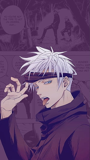 Gojo Satoru Blindfolded Anime Character with White Hair and Playful Expression HD phone wallpaper