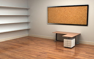 Minimalist Office Interior With Cork Board, Corner Desk, and Floating Shelves HD wallpaper