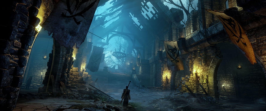 Dark Fantasy Ruined Cathedral Interior with Lone Warrior and Tattered Banners HD wallpaper