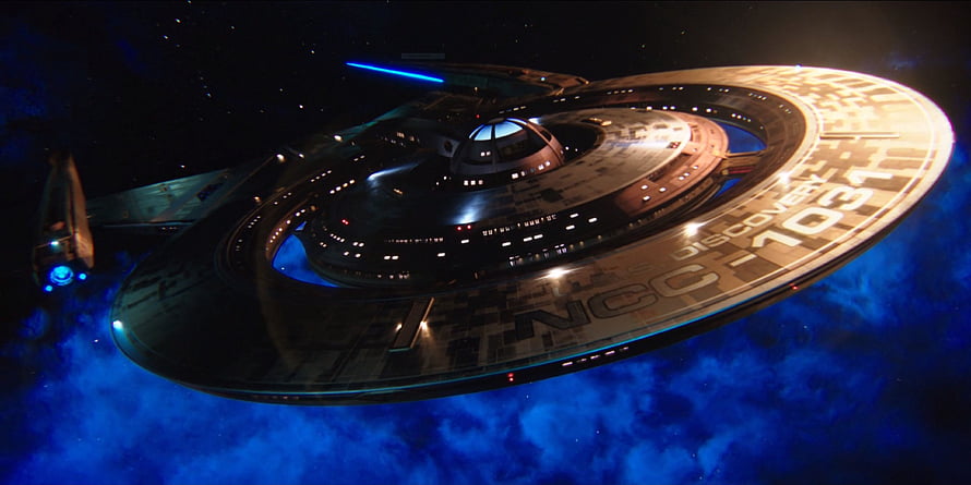 USS Discovery NCC-1031 Starship in Deep Space with Blue Nebula HD wallpaper