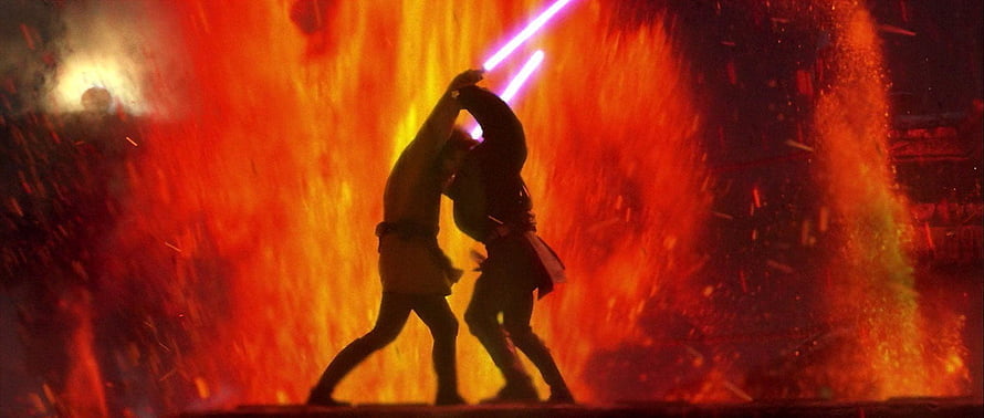 Anakin and Obi-Wan Duel on Mustafar Amidst Fire and Sparks HD wallpaper