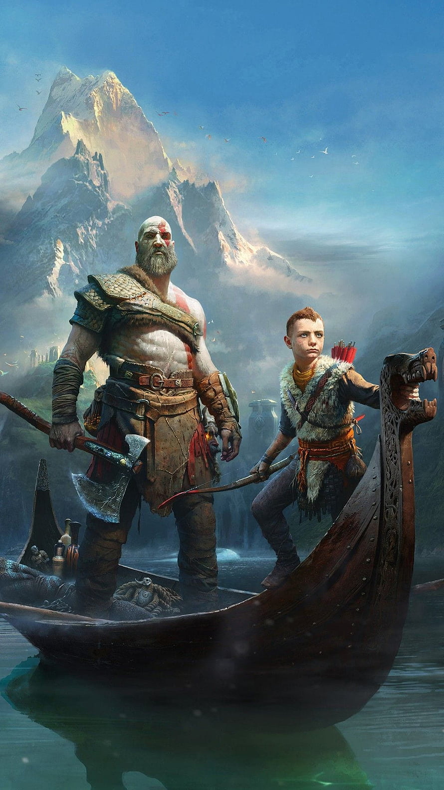 Kratos and Atreus in a Viking Longship on a Misty Lake with Snow-Capped Mountains in the Background HD phone wallpaper