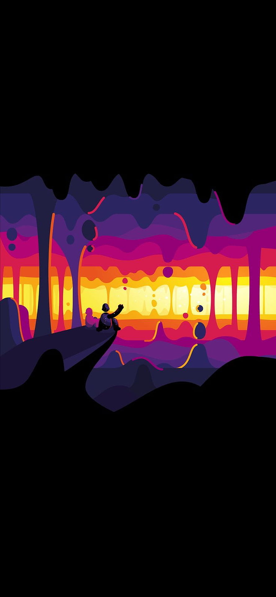 Kurzgesagt In Blue Minimalist Cave Illustration with Vibrant Sunset Glow and Silhouetted Figure HD phone wallpaper