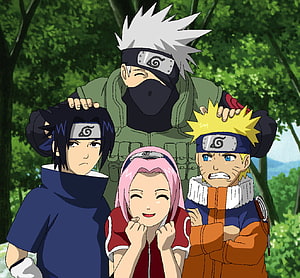 Naruto Team 7 anime group portrait with Kakashi, Sasuke, Sakura, and Naruto in a forest setting HD wallpaper