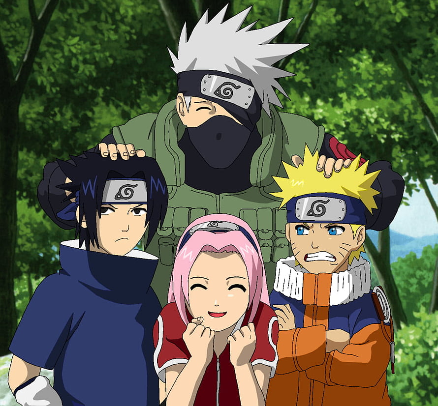 Naruto Team 7 anime group portrait with Kakashi, Sasuke, Sakura, and Naruto in a forest setting HD wallpaper