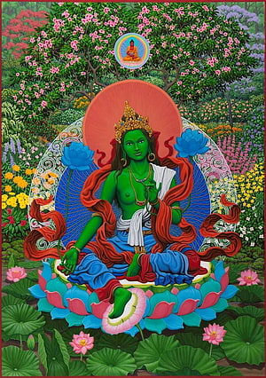 Green Tara Buddhist Deity Thangka Painting in Lotus Garden HD phone wallpaper