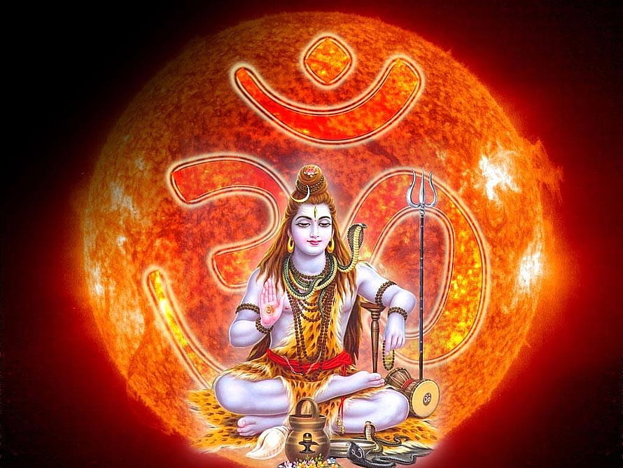 Lord Shiva Meditating Before Glowing Om Symbol With Trishul and Rudraksha HD wallpaper
