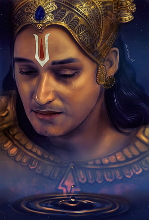 Emotional Krishna Portrait with Golden Crown and Forehead Mark HD phone wallpaper