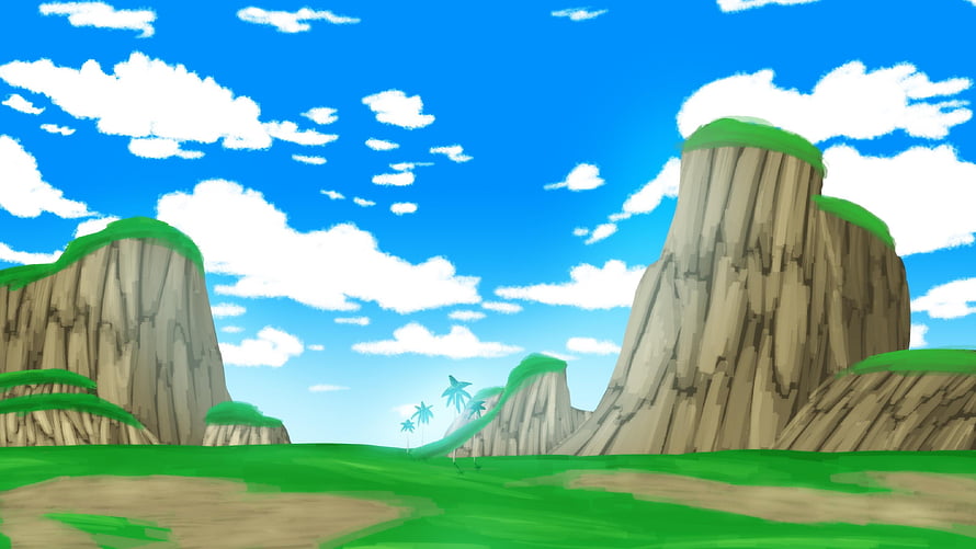Dragon Ball Z Namek Landscape with Rocky Outcrops and Tropical Vegetation HD wallpaper