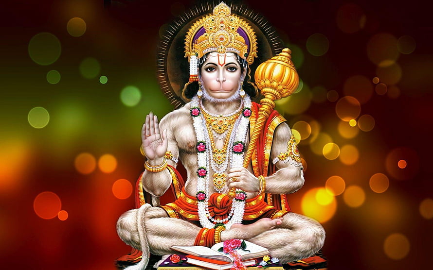 Hanuman Ji in Meditative Pose with Gada and Sacred Text on Ornate Background, Hanuman Ji &, #hanuman HD wallpaper