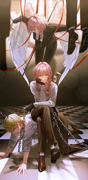 Makima and Denji in a dramatic Chainsaw Man scene with angel wings and chains, Anime, Anime Girls, Chainsaw Man, Makima Chainsaw • For You, makima HD phone wallpaper