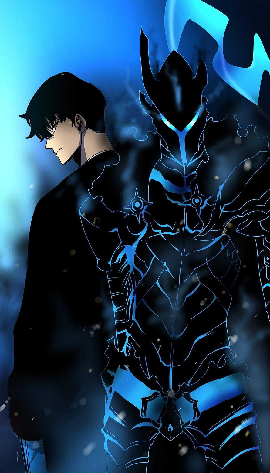 Solo Leveling Anime Character with Glowing Blue Armor and Dark Fantasy Style HD phone wallpaper