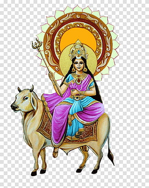 Maa Shailputri Riding Nandi Bull with Trident and Lotus in Traditional Indian Art HD phone wallpaper