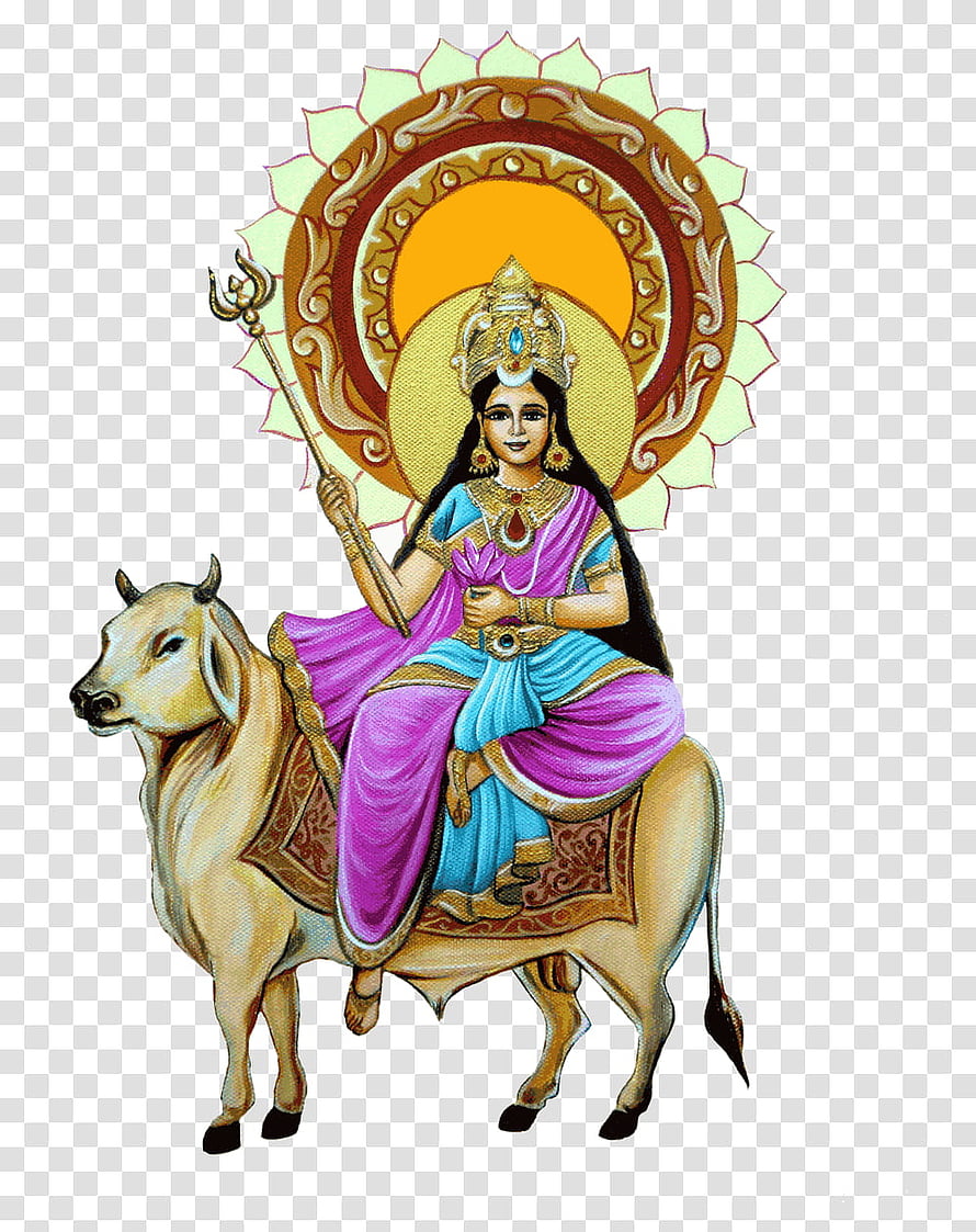 Maa Shailputri Riding Nandi Bull with Trident and Lotus in Traditional Indian Art HD phone wallpaper